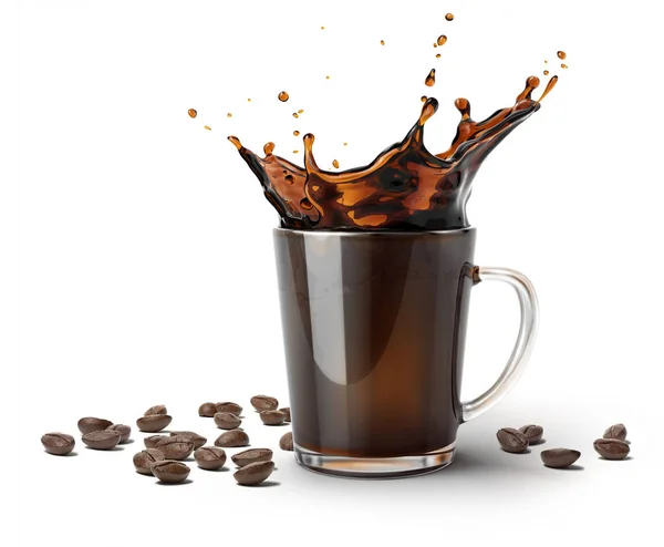Glass Mug Coffee Splash Some Coffee Beans Surface White Background — Stock Photo, Image