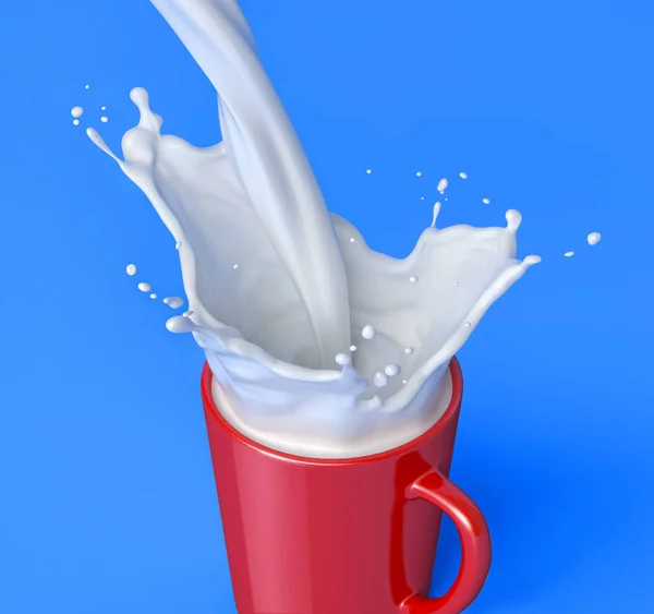 Roter Becher Voll Milch Mit Spritzer Isoliert Auf Blauem Hintergrund — Stockfoto
