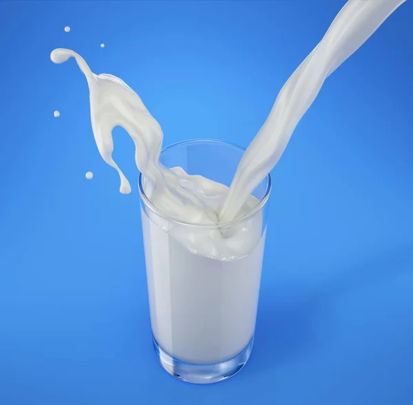 Gieten Melk Glazen Met Splash Van Boven Gezien Geïsoleerde Blauwe — Stockfoto