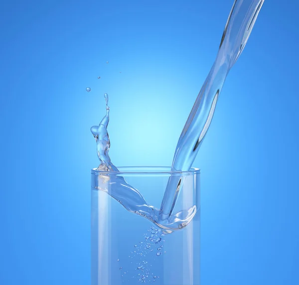 Pouring Water Glass Splash Close View Side Isolated Blue Background — Stock Photo, Image