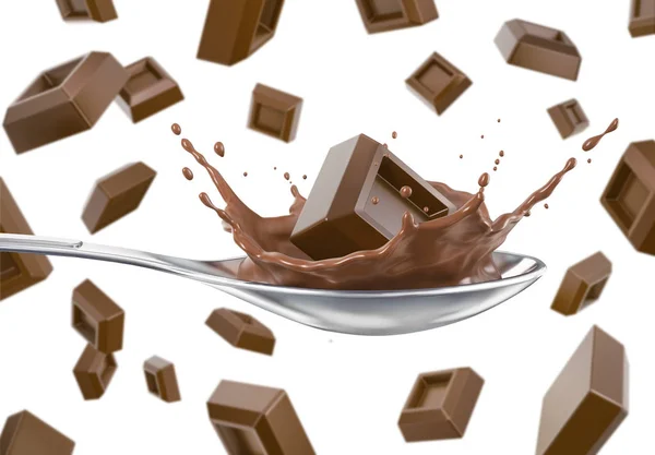 Many Chocolate Cubes Falling One Splashing Spoon Liquid Chocolate White — Stock Photo, Image