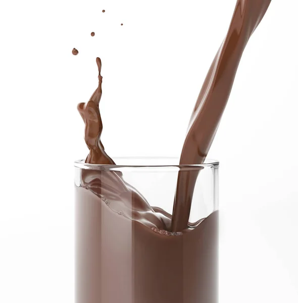 将液体巧克力倒在有飞溅的杯子里 关闭侧视图 在白色背景上 包括裁剪路径 — 图库照片