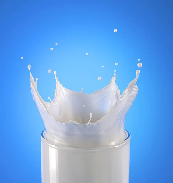 Glas Voller Milch Mit Kronenspritzer Nahaufnahme Auf Blauem Hintergrund Schneidpfad — Stockfoto