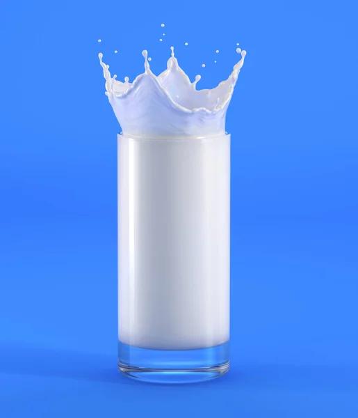 Bardak Süt Taç Sıçrama Ile Tam Görünüm Mavi Arka Plan — Stok fotoğraf