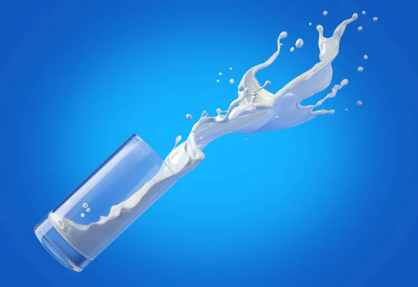 Glass Milk Spilling Air Big Splash Side View Isolated Blue — Stock Photo, Image