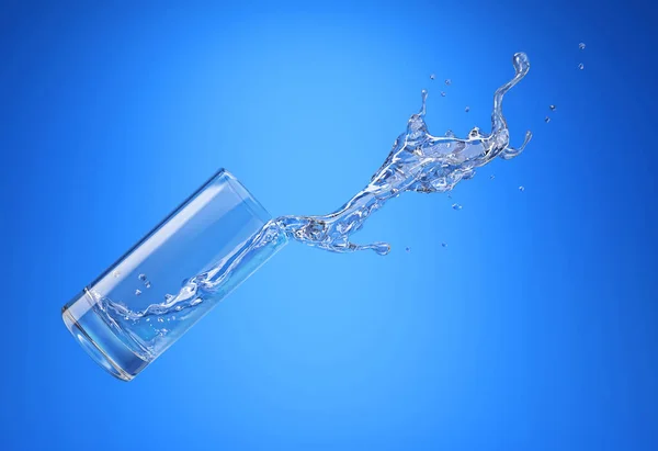 Vidro Com Respingo Água Derramando Vista Lateral Fundo Azul Caminho — Fotografia de Stock