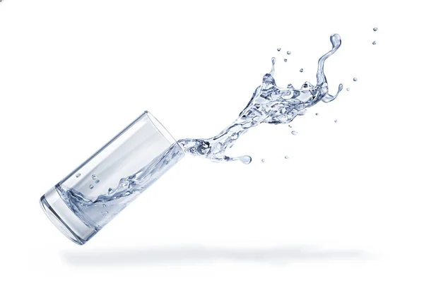 Glass Spilling Water Splash Side View White Background Clipping Path — Stock Photo, Image