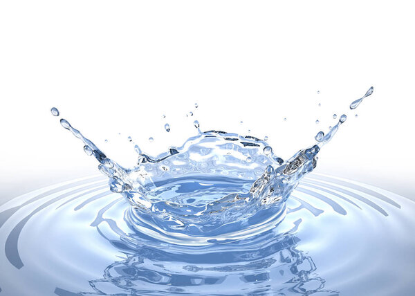 Water crown splash in a water pool, with circular ripples around. Bird eye view Isolated on white background. Clipping path included.