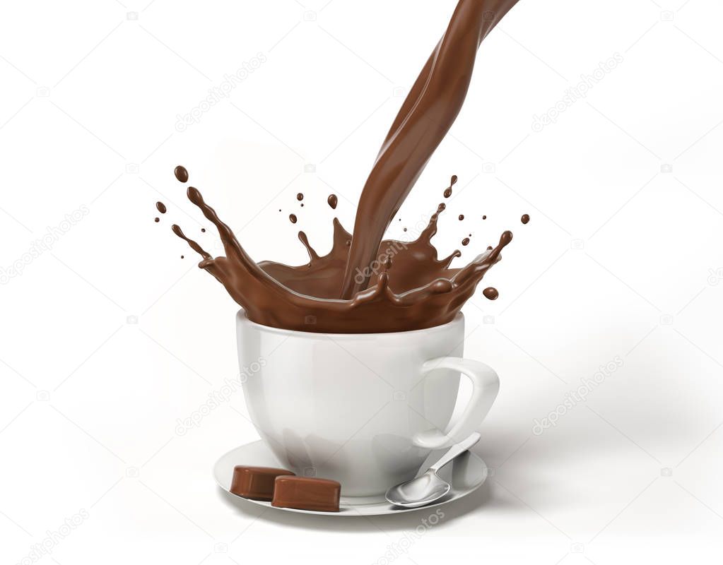 White cup on saucer with spoon, with liquid chocolate splash in it. Isolated on white background.