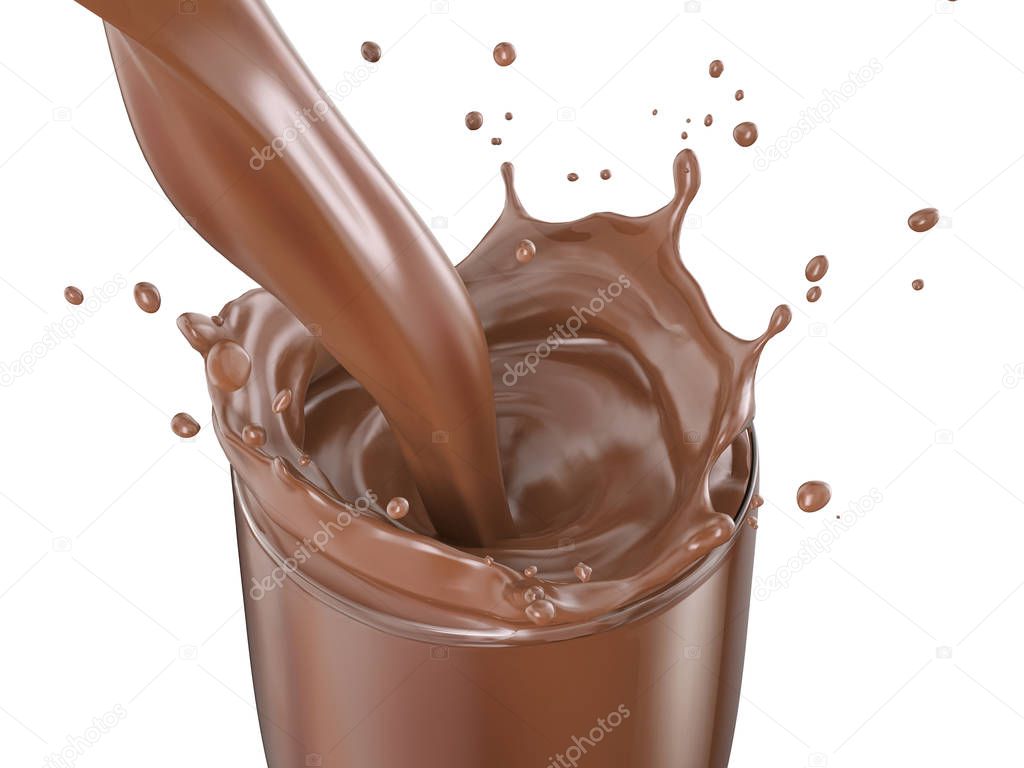 Glass with liquid chocolate pour and splash. On white background. Viewed from above. Clipping path included.