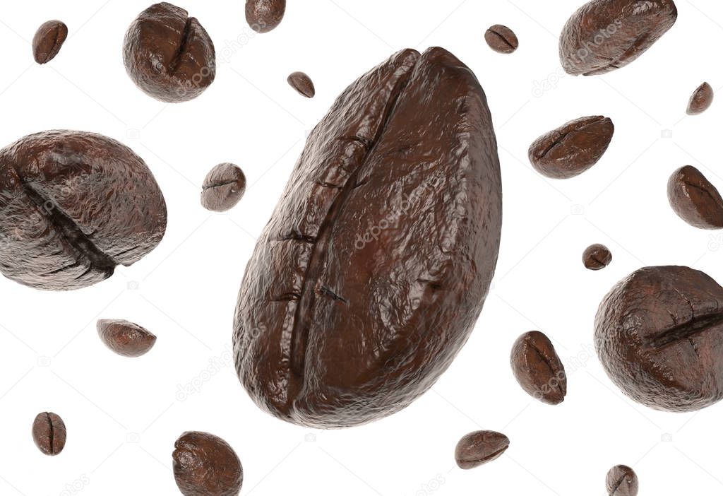 Group of coffee beans falling. One in the center in very close up view. isolated on white background.