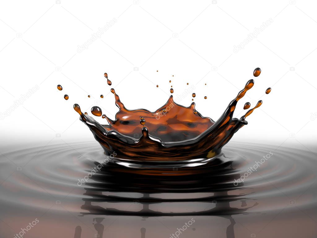 Liquid coffee crown splash in coffee pool with ripples. close up view. On white background. 