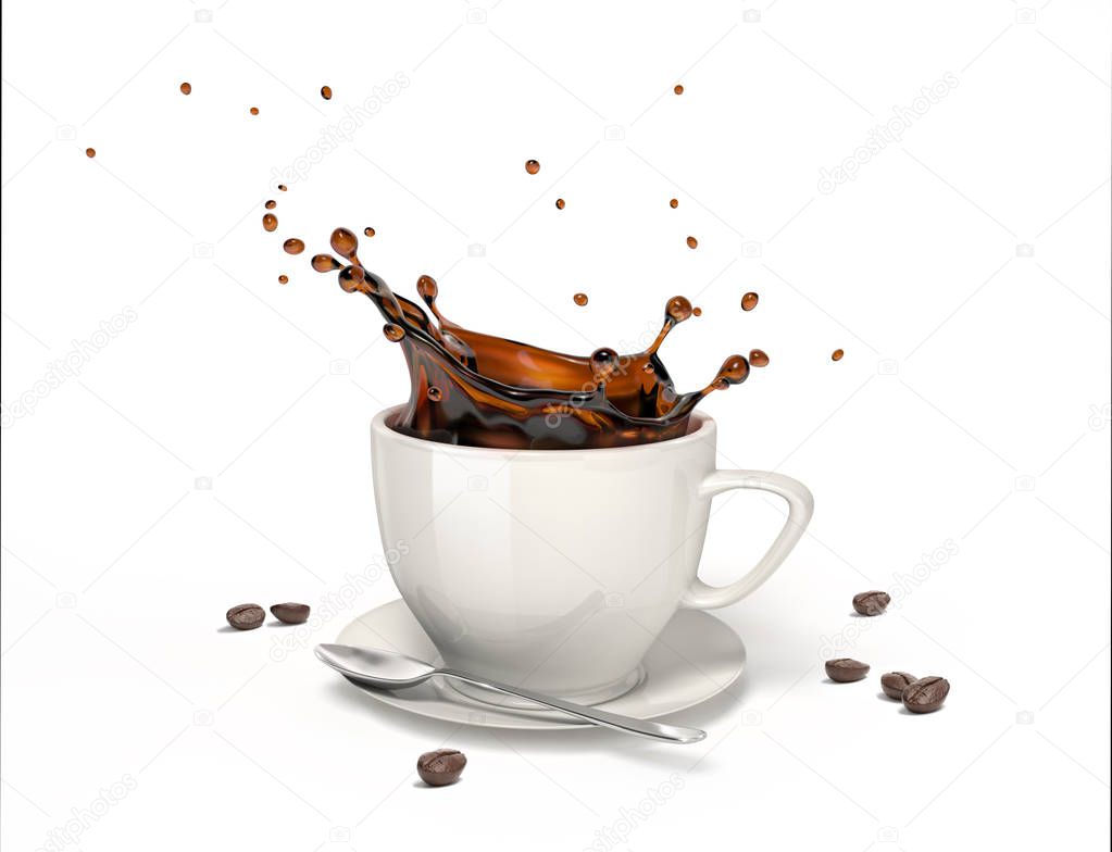 Liquid coffee splash in a white cup on saucer and spoon, With some coffee beans around on the floor. Clipping path included.