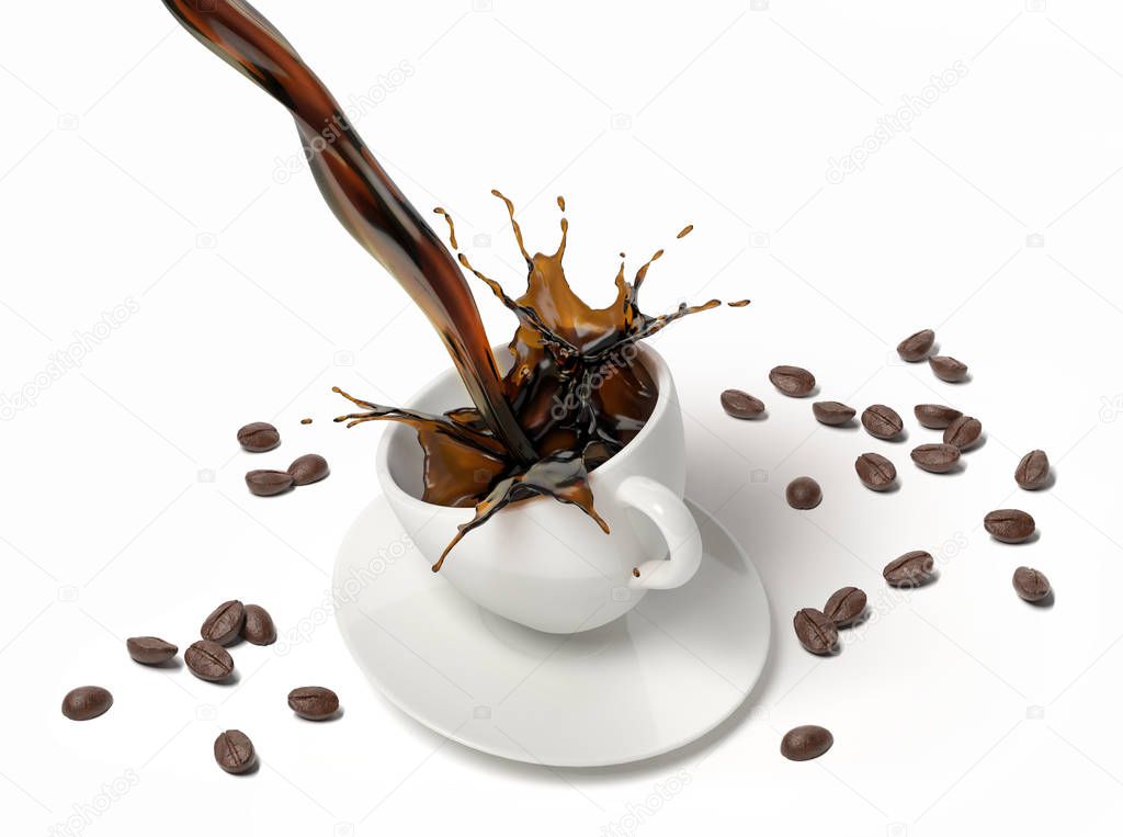 Liquid coffee pour and splash in a white cup on saucer and spoon, With some coffee beans around on the floor. Viewed from above.
