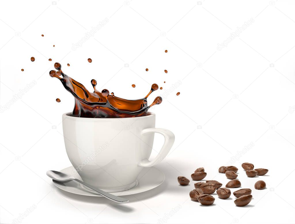 Liquid coffee splash in a white cup on saucer and spoon, With some coffee beans besides on the floor. 