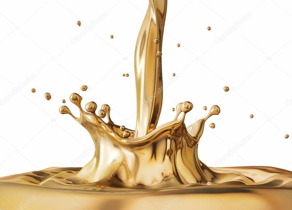 Liquid gold pouring with Crown splash and ripples. Side view. On white background.