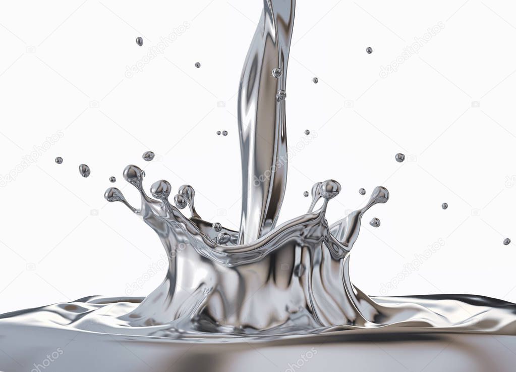 Liquid silver metal pouring with Crown splash and ripples. Side view. On white background.