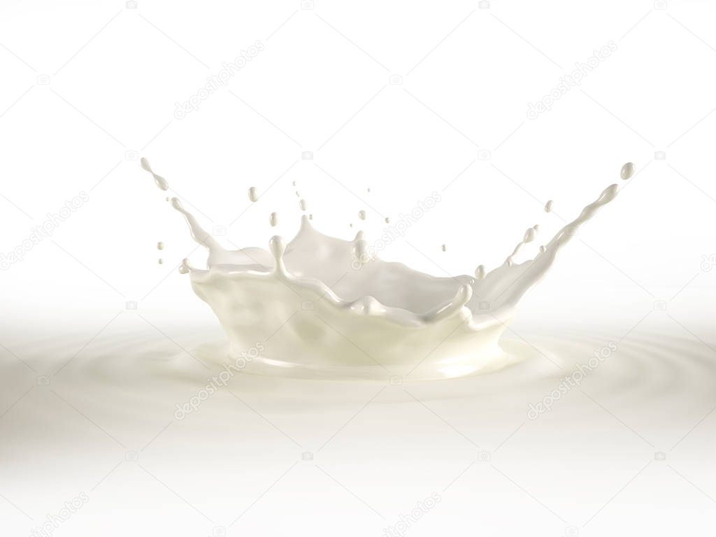 Milk crown splash, splashing in milk pool with ripples. Isolated on white background. Clipping path included.