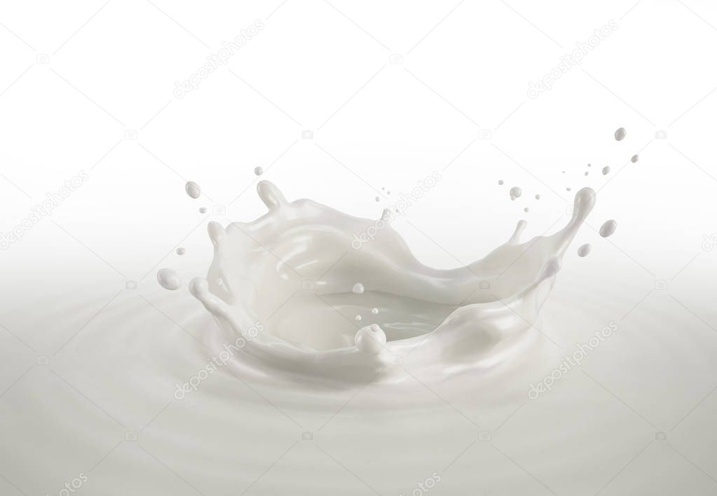 Milk crown splash, splashing in milk pool with ripples. Bird eye view. On white background. Clipping path included.