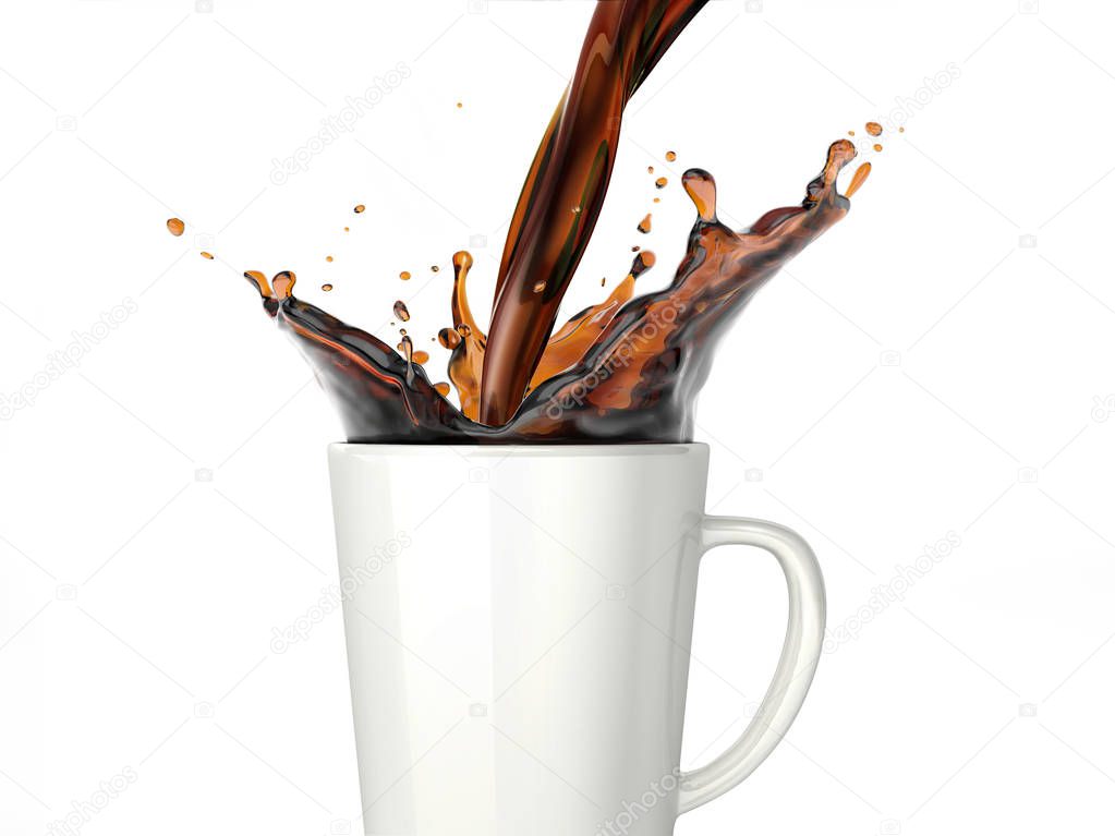 Pouring coffee into a white mug. Side close up view. Isolated On white background.