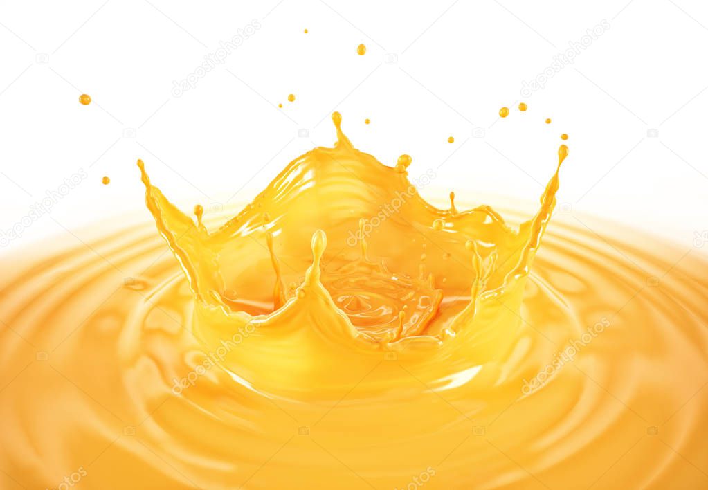 Orange juice crown splash with ripples. Bird eye view. On white background.