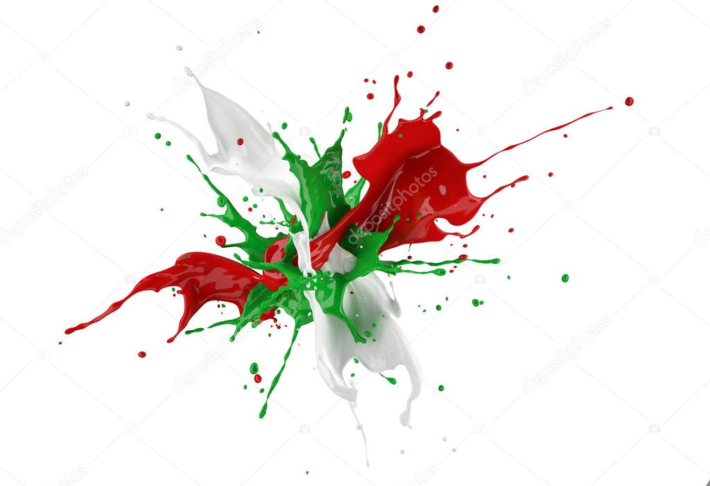 Red, white and green paint splash explosion isolated on white background. Clipping path included.