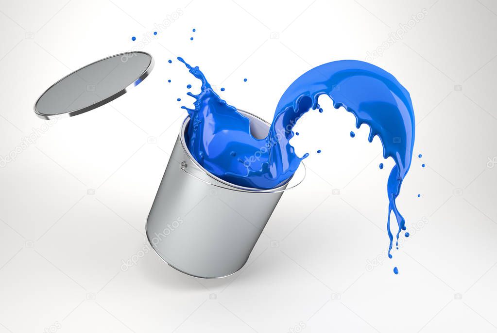 silver bucket full of vibrant blue paint, jumping with paint splashing. Isolated on white background with drop shadow.