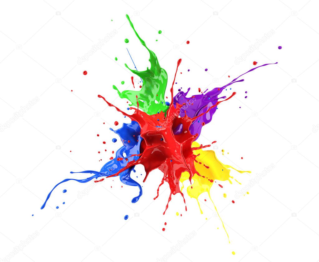 Red, blue, violet, yellow and green paint splash explosion, splashing against one another. isolated on white.