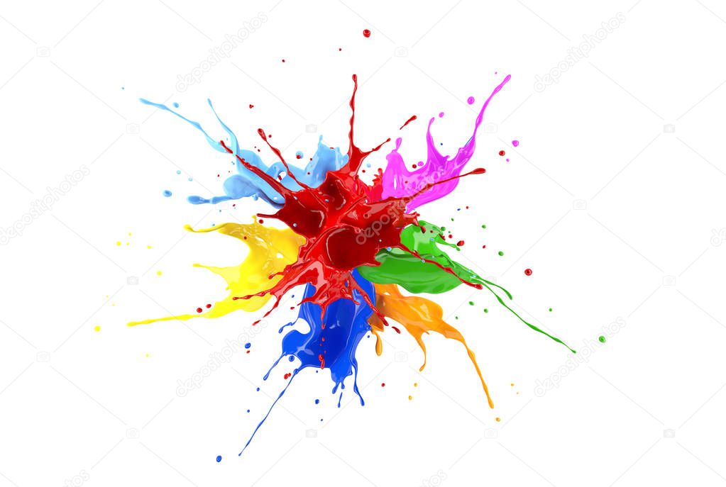 Red, blue, pink, yellow, light blue, orange and green paint splash explosion. Isolated on white background.