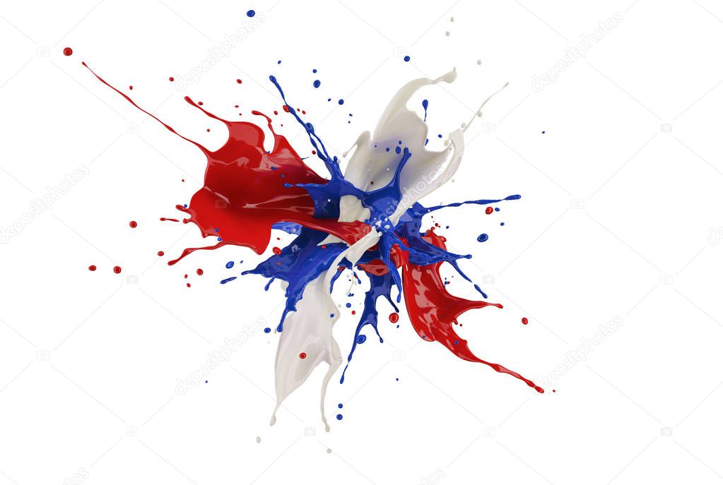 Red, white and blue paint splash explosion, splashing against one another. Isolated on white background.