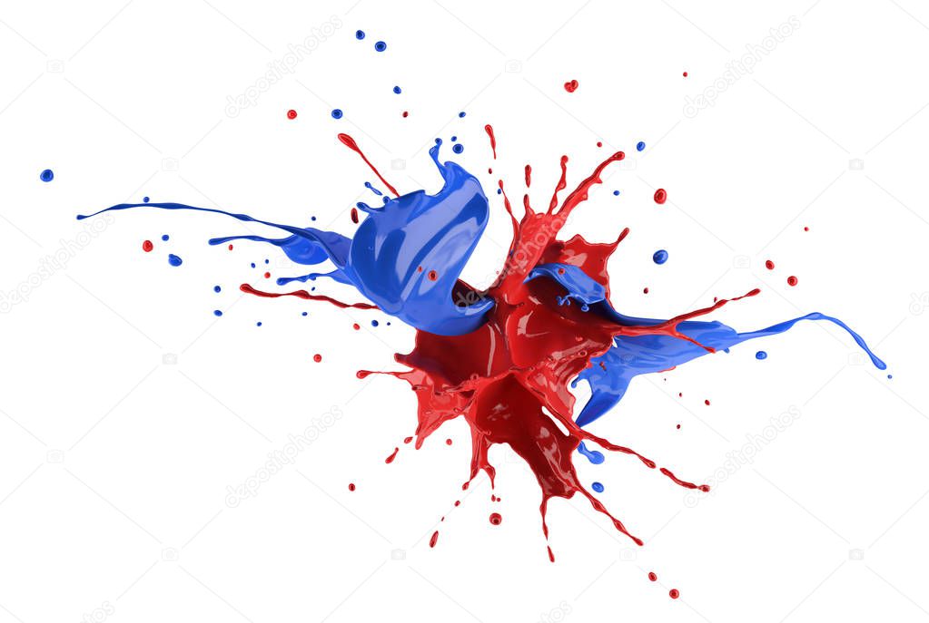 Red and blue paint splash explosion, splashing against each other. Isolated on white background.