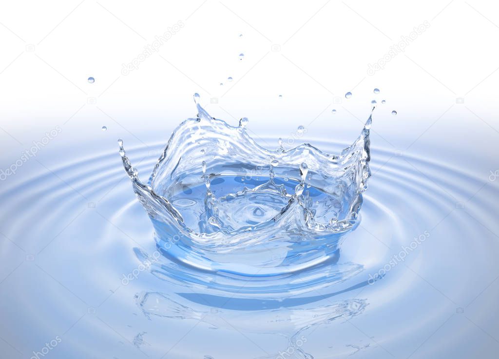 Clear water crown splash in water pool with ripples. Bird eye view. On white background.