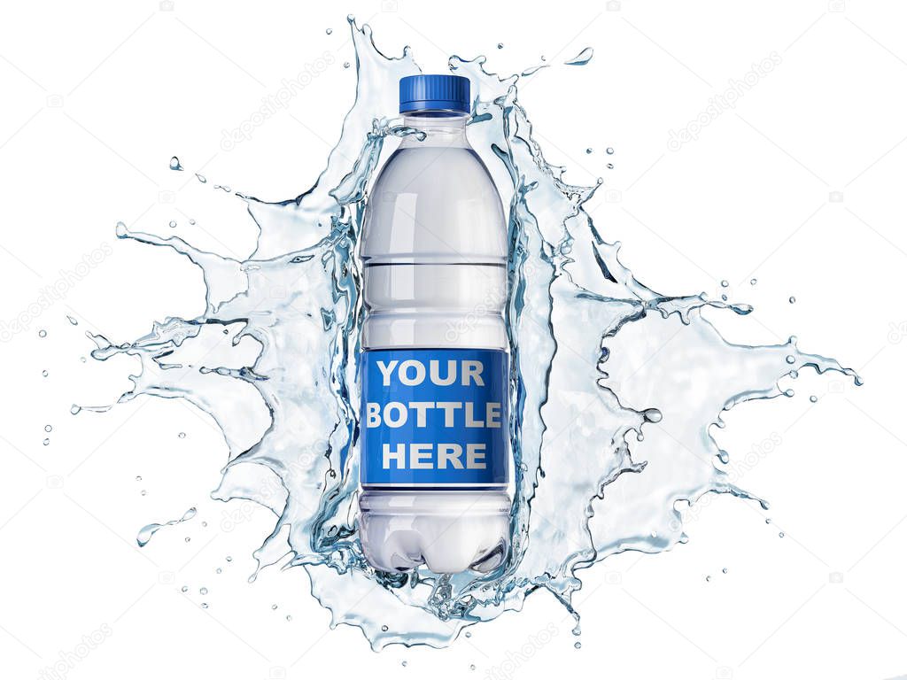 Splash of clear water with pet water bottle in the middle. isolated on white background. The bottle can be clipped and replaced with your bottle. Clipping path included.
