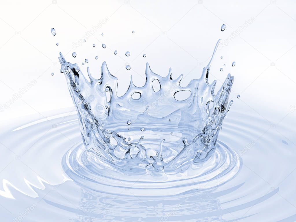 Water crown splash in a water pool, with circular ripples around. Bird eye view Isolated on white background. 