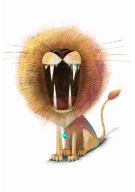 angry lion growls loudly, magic lion, big wild cat, illustration for cartoons