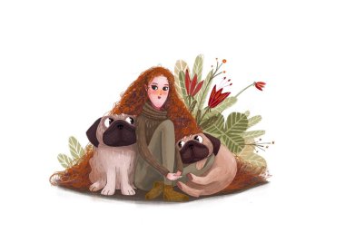 girl with long red curly hair, good witch, magic, helpers pugs, friends, witchcraft, fairy tale