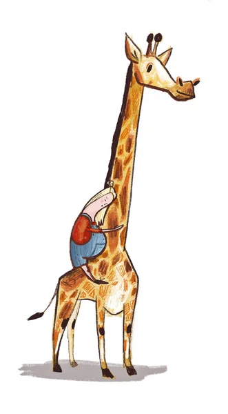 Illustration Stylization Giraffe Pregnant Woman Hugs Favorite Animal Man Best — Stock fotografie