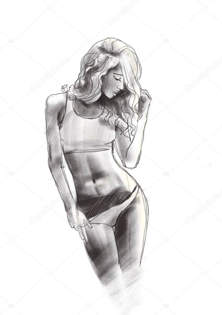 Sexy model girl posing for photo, fashion sketch, illustraion