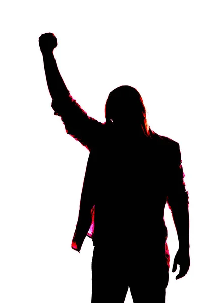 Half Length Silhouette Young Man Making Revolutionary Sign Fist Held — Stock Photo, Image