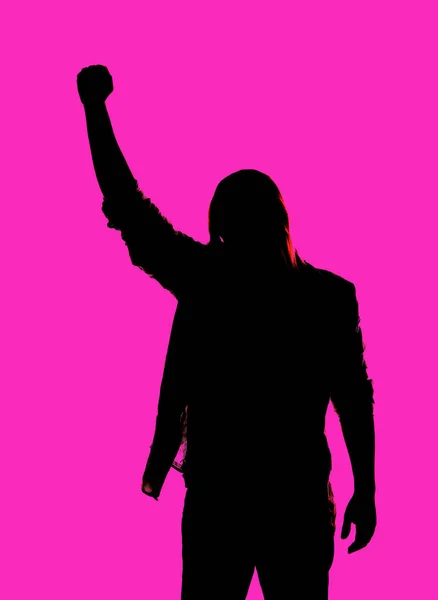 Half Length Silhouette Young Man Making Revolutionary Sign Fist Held — Stock Photo, Image