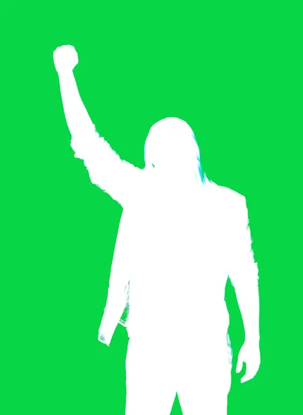 Полудлинный Силуэт Молодого Человека Делающего Революционный Знак Кулака Высоко Поднятым — стоковое фото