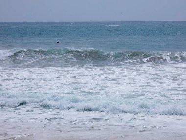 büyük dalgalar kum ve sahil kayalara çarpıyor