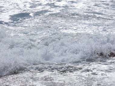 büyük dalgalar kum ve sahil kayalara çarpıyor