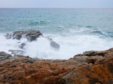 büyük dalgalar kum ve sahil kayalara çarpıyor