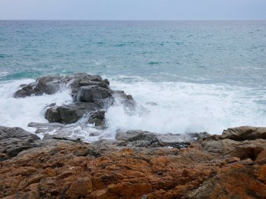 büyük dalgalar kum ve sahil kayalara çarpıyor