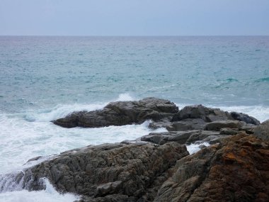 büyük dalgalar kum ve sahil kayalara çarpıyor