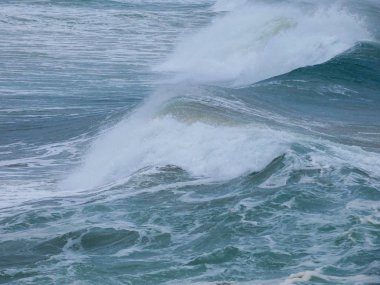 büyük dalgalar kum ve sahil kayalara çarpıyor