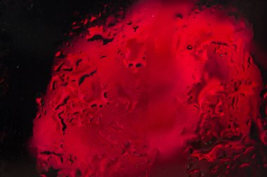 yaprakları su damlalarıyla dolu güzel kırmızı çiçek, su damlalarıyla dolu bir bardağın arkasında.