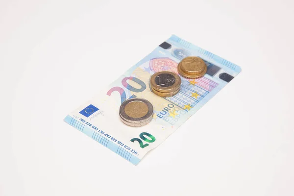 Dinero Efectivo Monedas Billetes Euros Necesarios Para Vida Actual — Foto de Stock