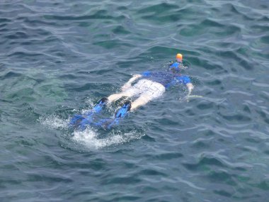 Kimliği belirsiz, kimliği belirsiz bir adam, nefes tüpü ve özel su bardaklarıyla denizin dibine bakıyor. Kafanızı sudan kaldırmadan nefes aldığınız tüple, denizin dibini mükemmel bir şekilde gördüğünüz bardaklarla